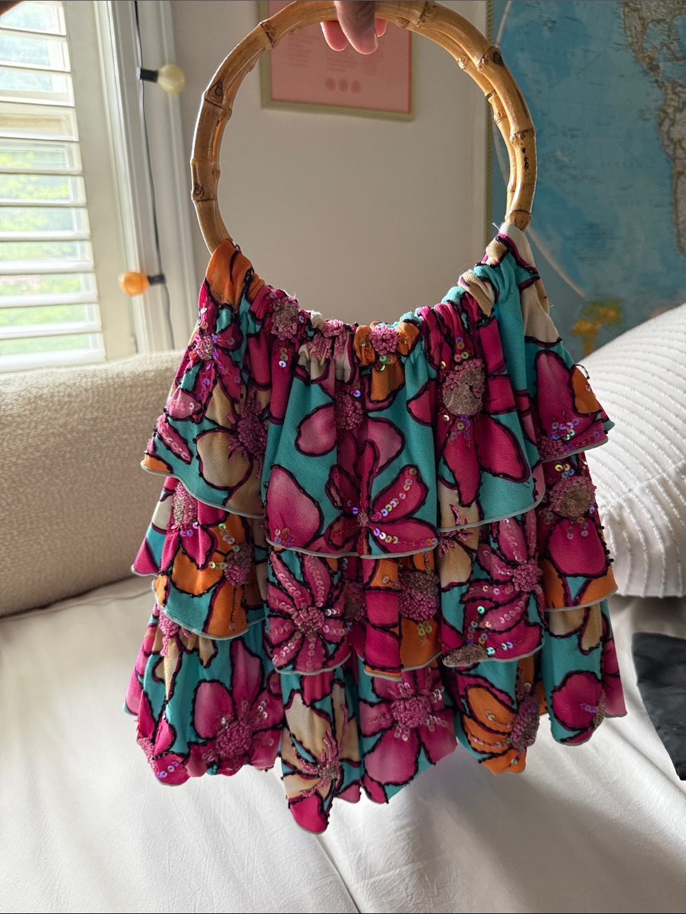 Boho Floral Ruffle Bamboo Handle Handbag - Pink & Teal